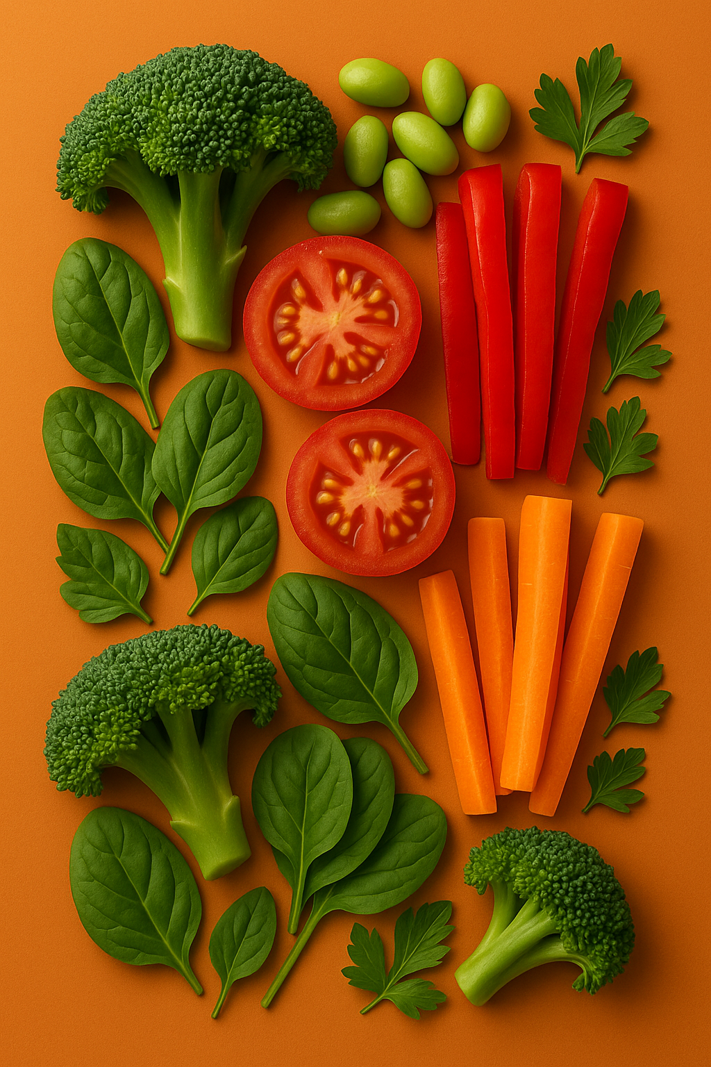 Freshly sliced vegetables arranged on orange