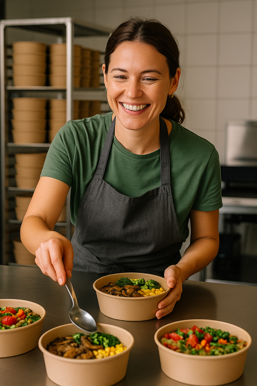 Woman assembling mycelium protein bowls