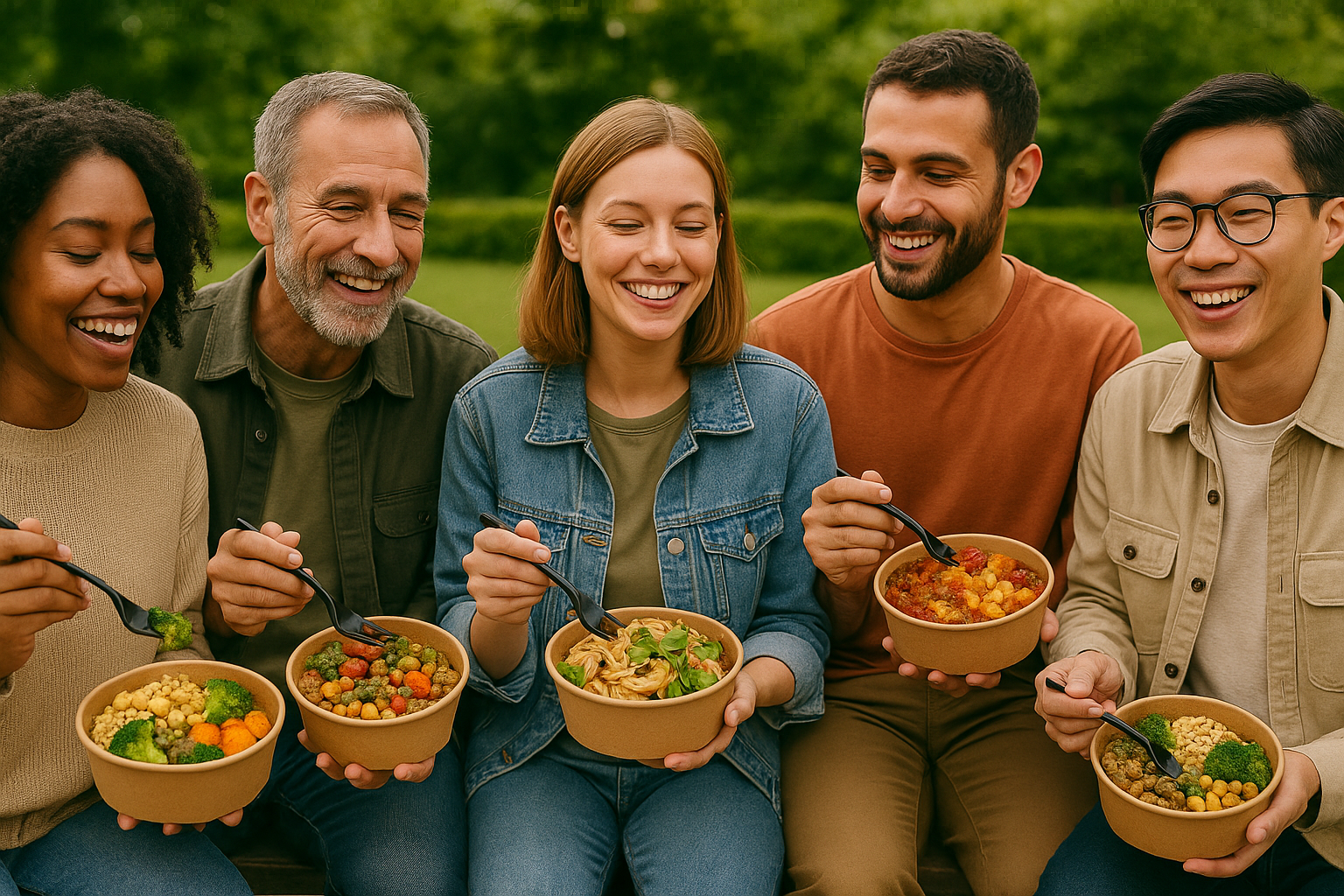Community of people eating mycelium bowls