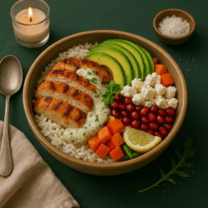 Chicken mycelium bowl with avocado and pomegranade.