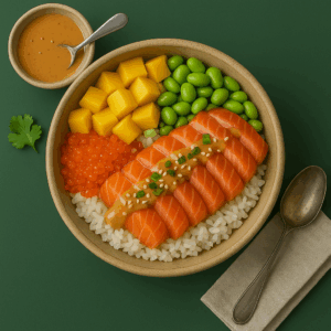 Mycelium salmon poke bowl with mango and edamame