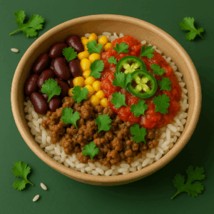 Mycelium taco bowl with beans, corn and salsa