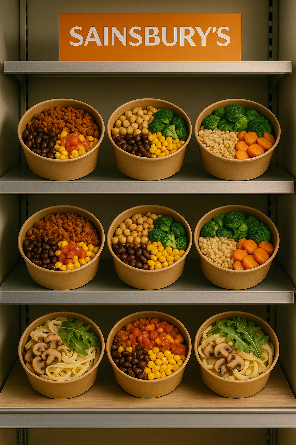 Bowls with mycelium protein in a Sainsbury´s shelf